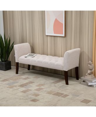 End of Bed Bench with Button Tufted Design, Upholstered Bedroom Entryway Bench with Arms and Solid Wood Legs for Bedroom, Beige