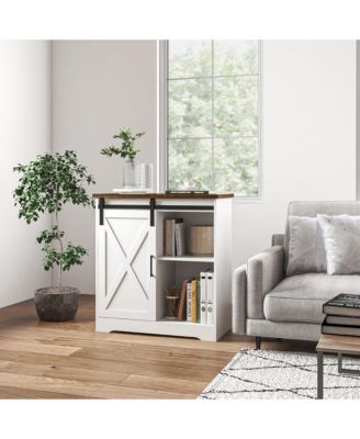 Farmhouse Coffee Bar Cabinet, 33" Buffet Sideboard with Sliding Barn Door and Adjustable Shelf, Kitchen Buffet Cabinet, White