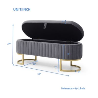 Storage Bench Bedroom Bench, Velvet Oval Upholstered End of Bed Bench with Golden Metal Legs,50" Modern Storage Ottoman Bench for Bedroom, Living Room, Entryway, Window, Grey