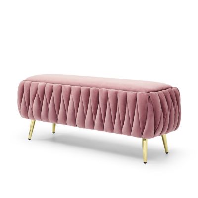 Oval Storage Bench with Gold Legs, Velvet Fabric Upholstered Ottoman Storage Benches for Bedroom End of Bed, Sherpa Fabric Bench for Living Room, Dining Room, Entryway, Bed Side, Dark Pink,5 colors