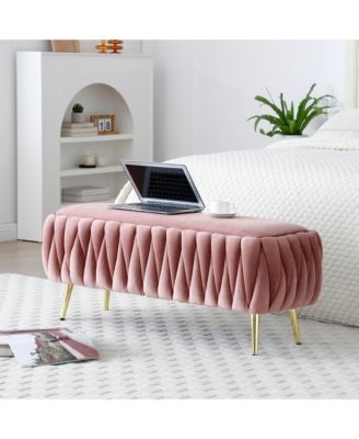 Oval Storage Bench with Gold Legs, Velvet Fabric Upholstered Ottoman Storage Benches for Bedroom End of Bed, Sherpa Fabric Bench for Living Room, Dining Room, Entryway, Bed Side, Dark Pink,5 colors