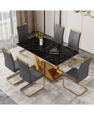 Table and chair set.Modern rectangular dining table with black textured stickers glass tabletop and gold plated metal legs.Paired with 6 comfortable chairs with PU seats and golden metal legs.