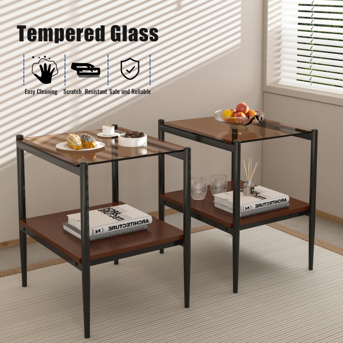 Streamdale Furniture Set of 2 Rectangle End Table, Tempered Glass Tabletop with Mdf layer, Modern Table for Living Room