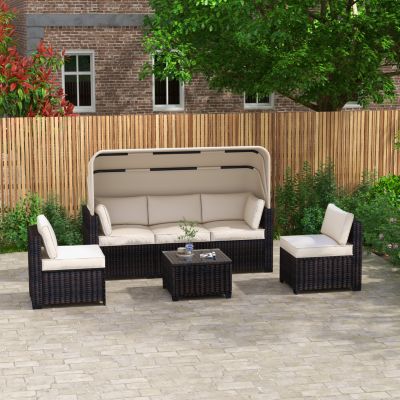 Streamdale 6-Piece Outdoor Rattan Daybed Set with Retractable Canopy