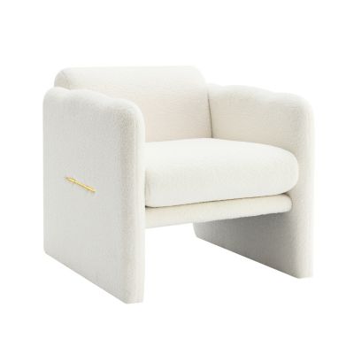 Woven Metal Accent Armchair in White Teddy Fabric