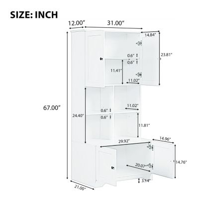 Tall and Wide Bathroom Floor Storage Cabinet, Bathroom Storage Unit, Freestanding Cabinet with 4 Doors, Adjustable Shelves, Open multi-layer Shelves