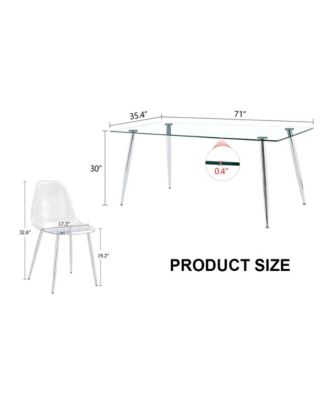 Table and chair set.Modern rectangular glass dining table with tempered glass countertop and silver metal legs, paired with multiple transparent high-quality PET dining chairs with silver legs.