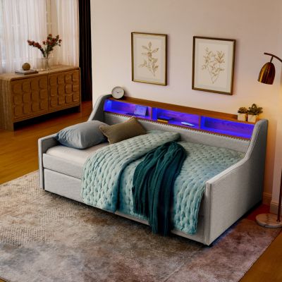 Upholstered Sofa Bed with LED Lights, Storage, and Adjustable Headboard