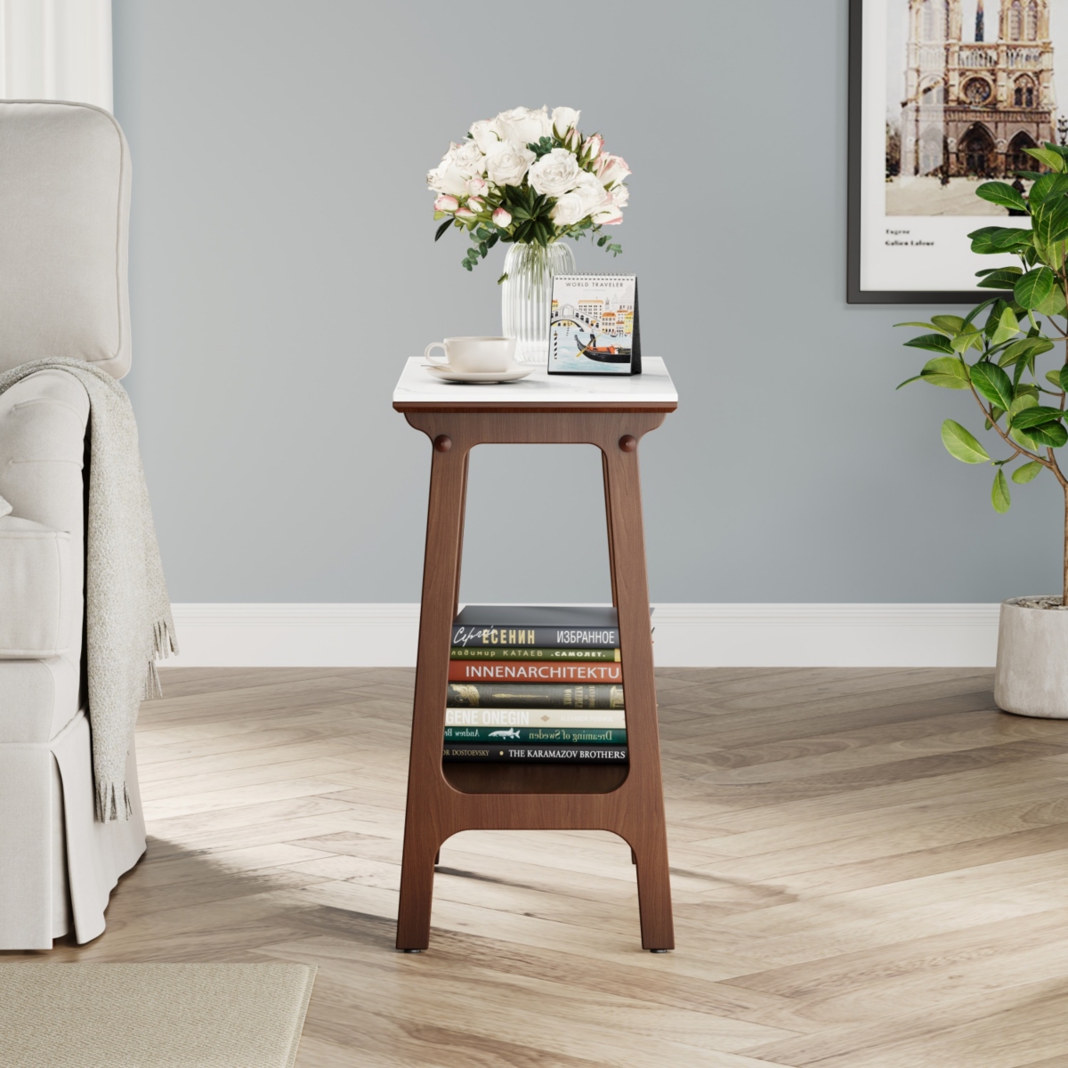 Streamdale Furniture Retro Reddish Brown Narrow Slate Side Table with Storage Shelf, Small End Table for Living Room Bedroom Small Spaces Entryway Far