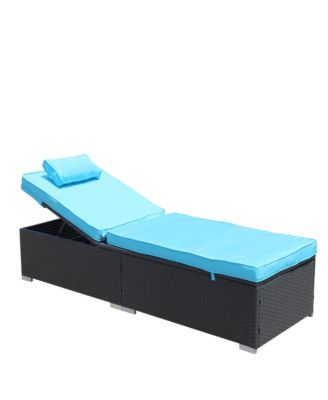 3-Piece Outdoor Patio Furniture Set Chaise Lounge, Patio Reclining Rattan Lounge Chair Chaise Couch Cushioned with Glass Coffee Table, Adjustable Back and Feet, Lounger Chair for Pool Garden, Blue