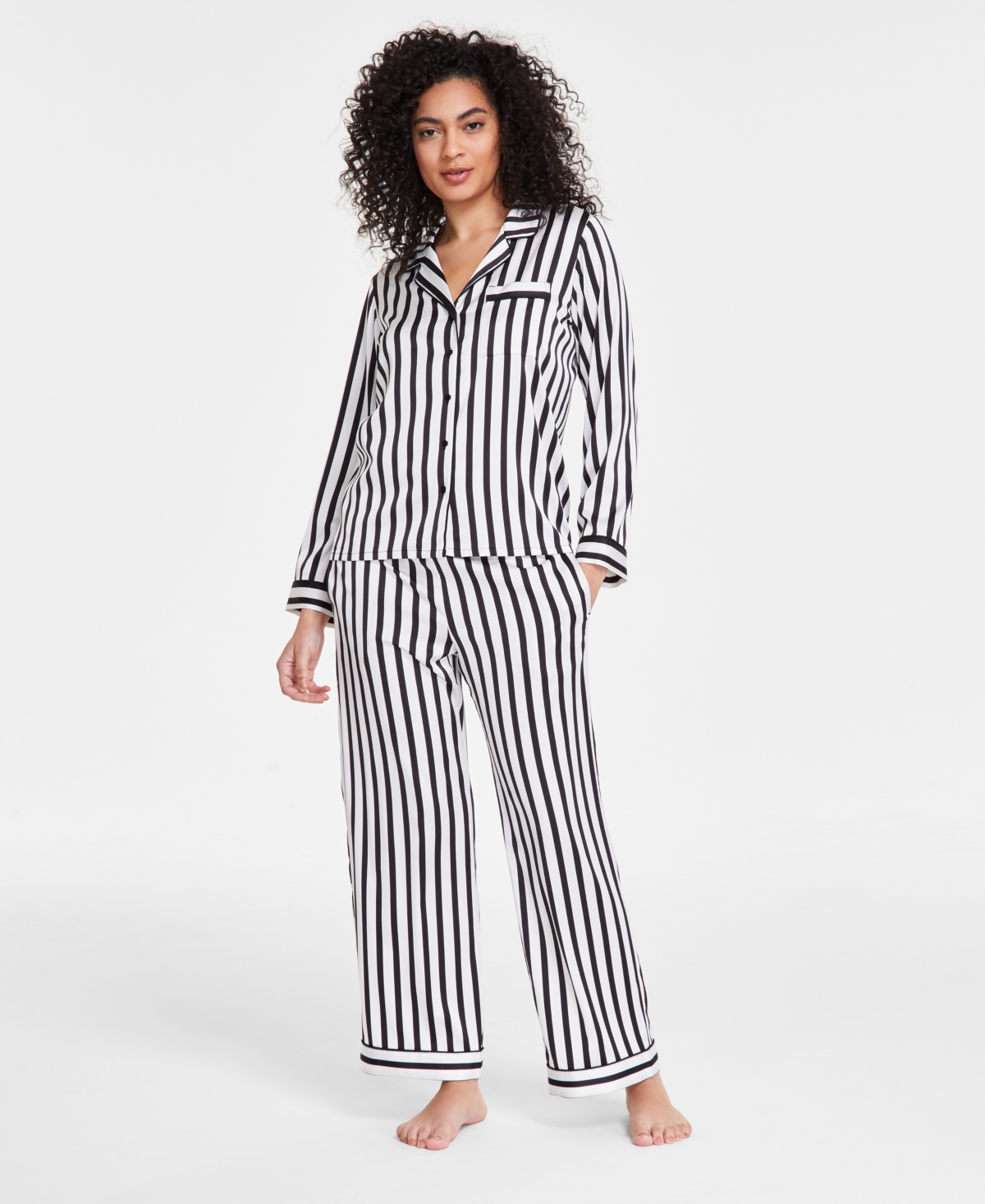 Women's 2-Pc. Piped-Trim Satin Pajamas Set, Created for Macy's - Carla Stripe