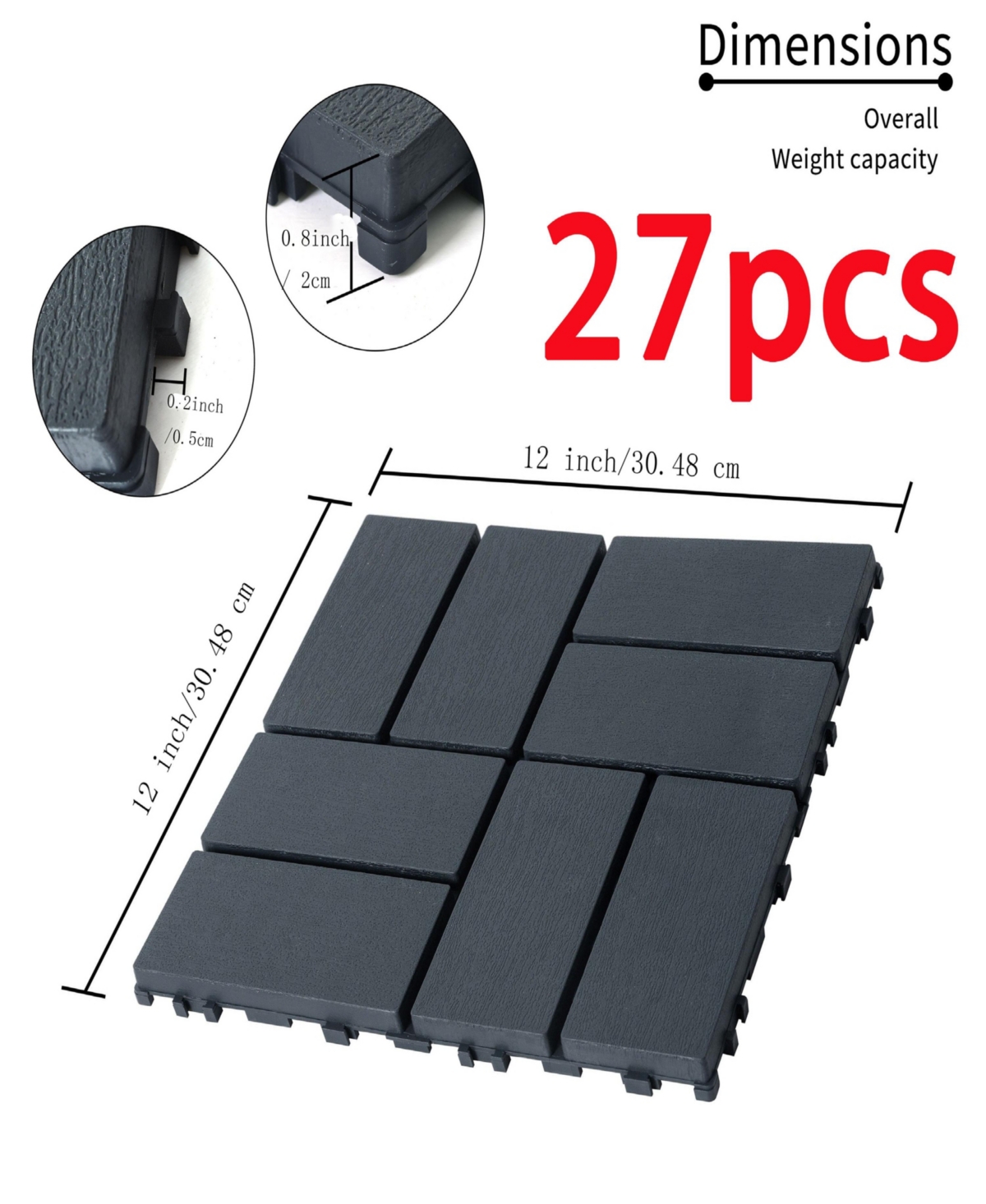27 Pack Interlocking Plastic Deck Tiles - 12" x12" Square - Waterproof Outdoor - Poolside Balcony Backyard Decking Tiles
