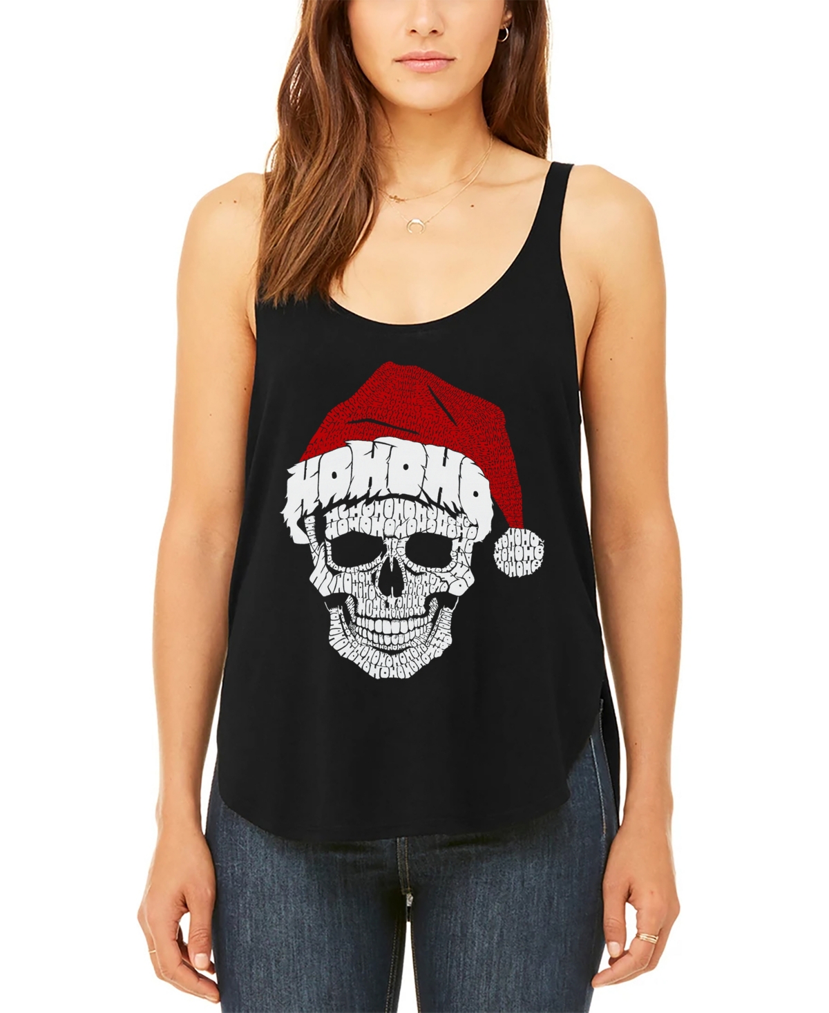 LA POP ART WOMEN'S SANTA SKULL PREMIUM WORD ART FLOWY TANK TOP 