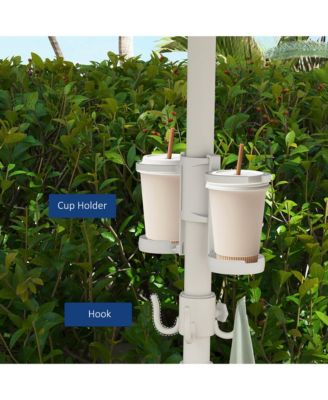 5.7' Portable Beach Umbrella with Tilt, Adjustable Height, 2 Cup Holders & Hooks, UV 40+ Ruffled Outdoor Umbrella with Vented Canopy, Blue White Stripe