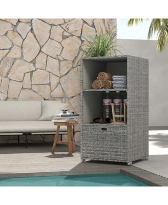 Valet Pool Towel Rack, Waterproof PE Plastic Rattan Wicker Storage Organizer, Indoor Outdoor Spa, and Hot Tub Accessory Storage, 2 Shelves, 1 Basket Drawer, Mixed Gray