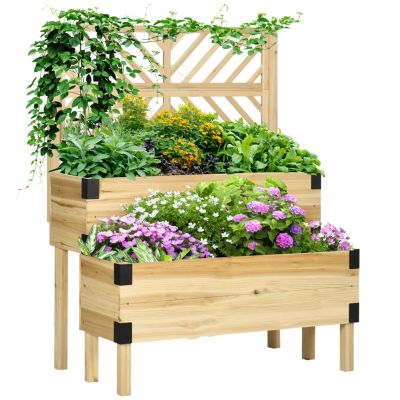 Raised Garden Bed with Trellis, 2 Tier Wooden Elevated Planter Box with Legs and Metal Corners for Vegetables, Flowers, Herbs, Natural