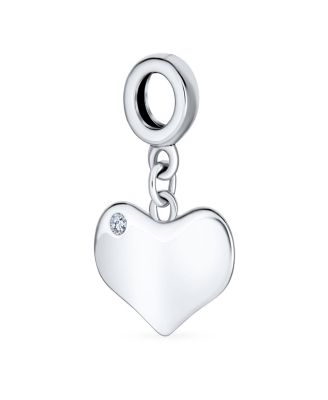 Crystal Accent Dangle Heart Shape Charm Bead .925 Sterling Silver