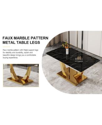 Table and chair set.Modern rectangular dining table with black textured stickers glass tabletop and gold plated metal legs.Paired with 4 comfortable chairs with PU seats and golden metal legs.
