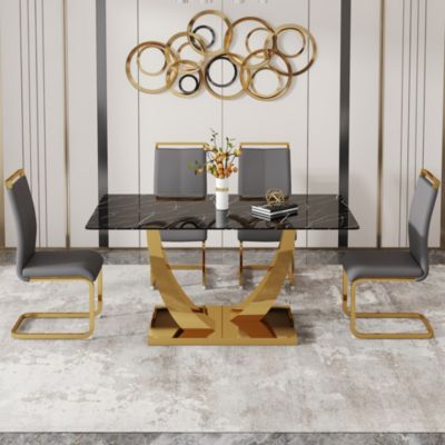 Table and chair set.Modern rectangular dining table with black textured stickers glass tabletop and gold plated metal legs.Paired with 4 comfortable chairs with PU seats and golden metal legs.