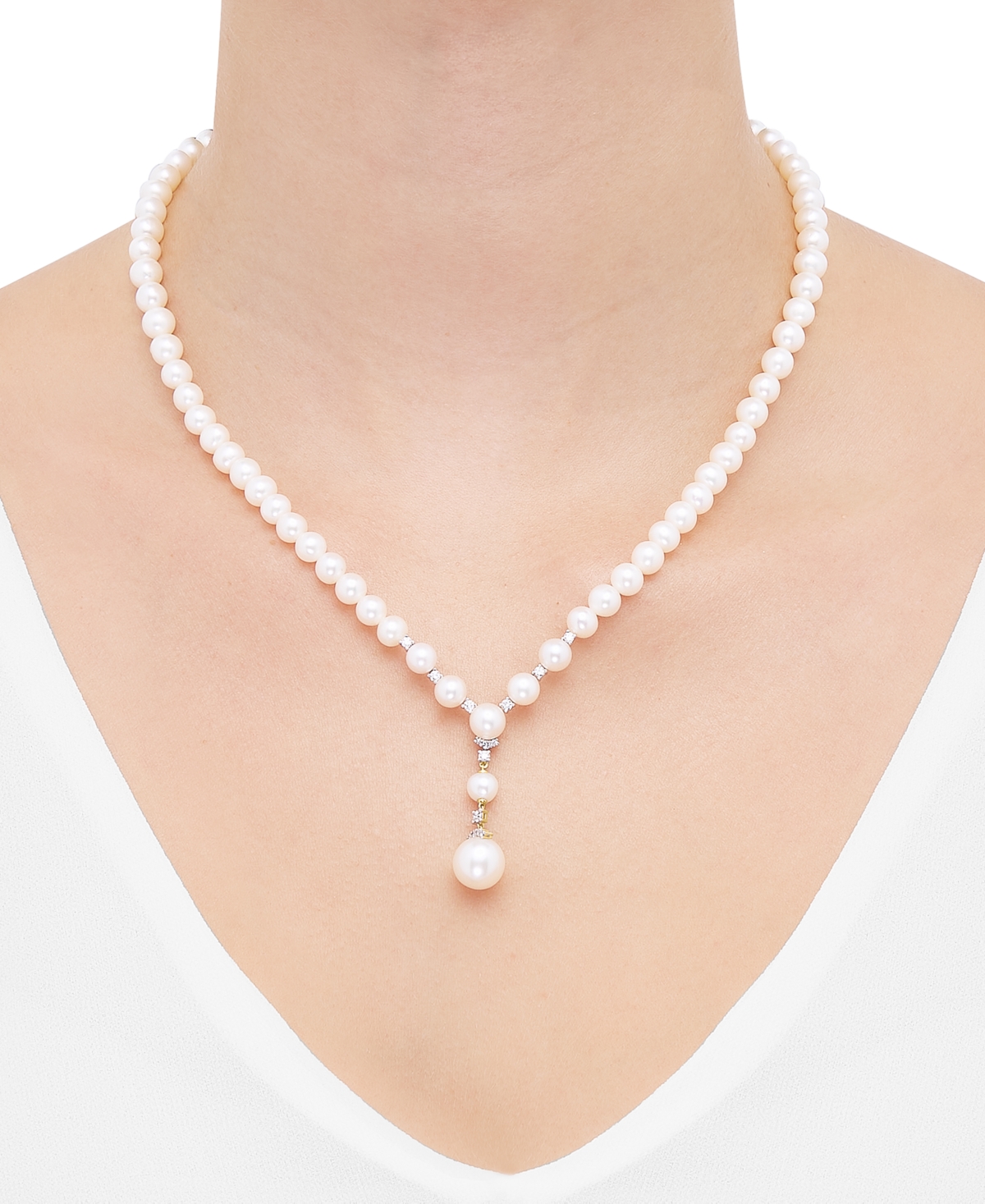 Grown With Love Cultured Freshwater Pearl (6-10mm) & Lab Grown Diamond (3/8 Ct. T.w.) Lariat Necklace In 14k Gold, 1 In White