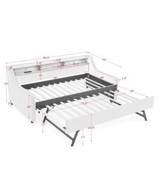 Twin Size Upholstery Sofa Bed with Three LED lights, with Storage Adjustable Headboard, with Foldable Leg Pull up Trundle Bed and Wireless Charging, Linen Padded Sofa Bed frame, Grey