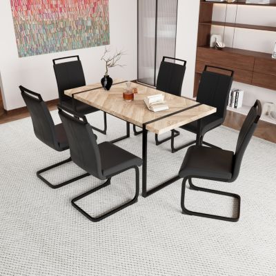 59" Rural Industrial Rectangular MDF Light Wood Dining Table Set and PU Armless Dining Chair Set, 6-piece. Kitchen Black Metal Table Leg Dining Chair Set