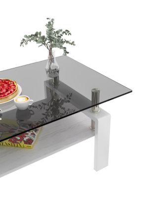 Rectangle Coffee Table, Tempered Glass Tabletop with MDF Layer, Modern Table for Living Room, Gray Glass