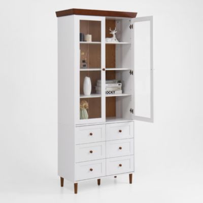 White MDF Display Cabinet with Glass Doors and Adjustable Shelves