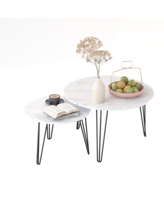 Round Nesting Coffee Table Set (2 Tables), Marble Top, Metal Base