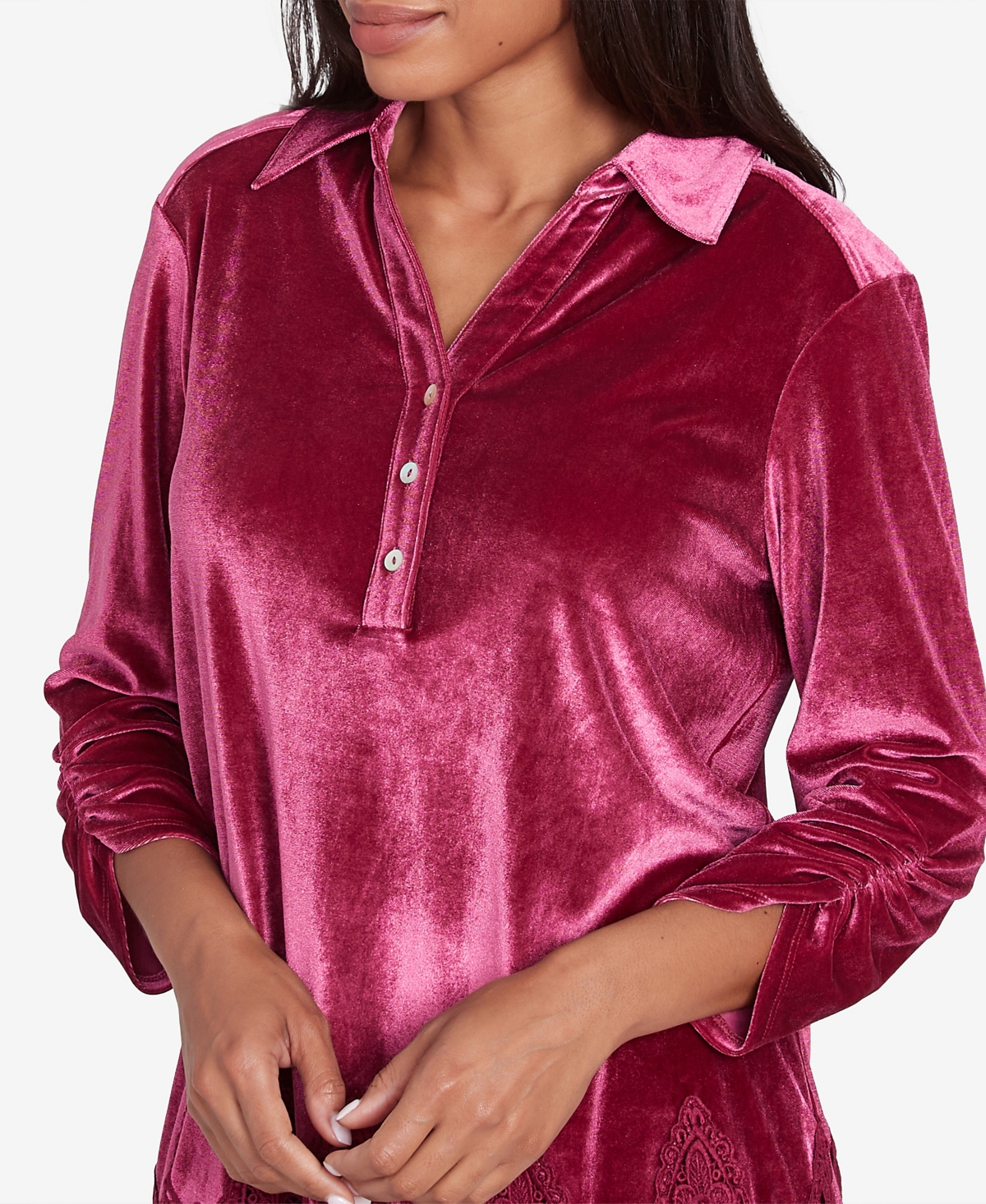Ruby Rd. Petite Stretch Velvet Lace Trim V-Neck Top