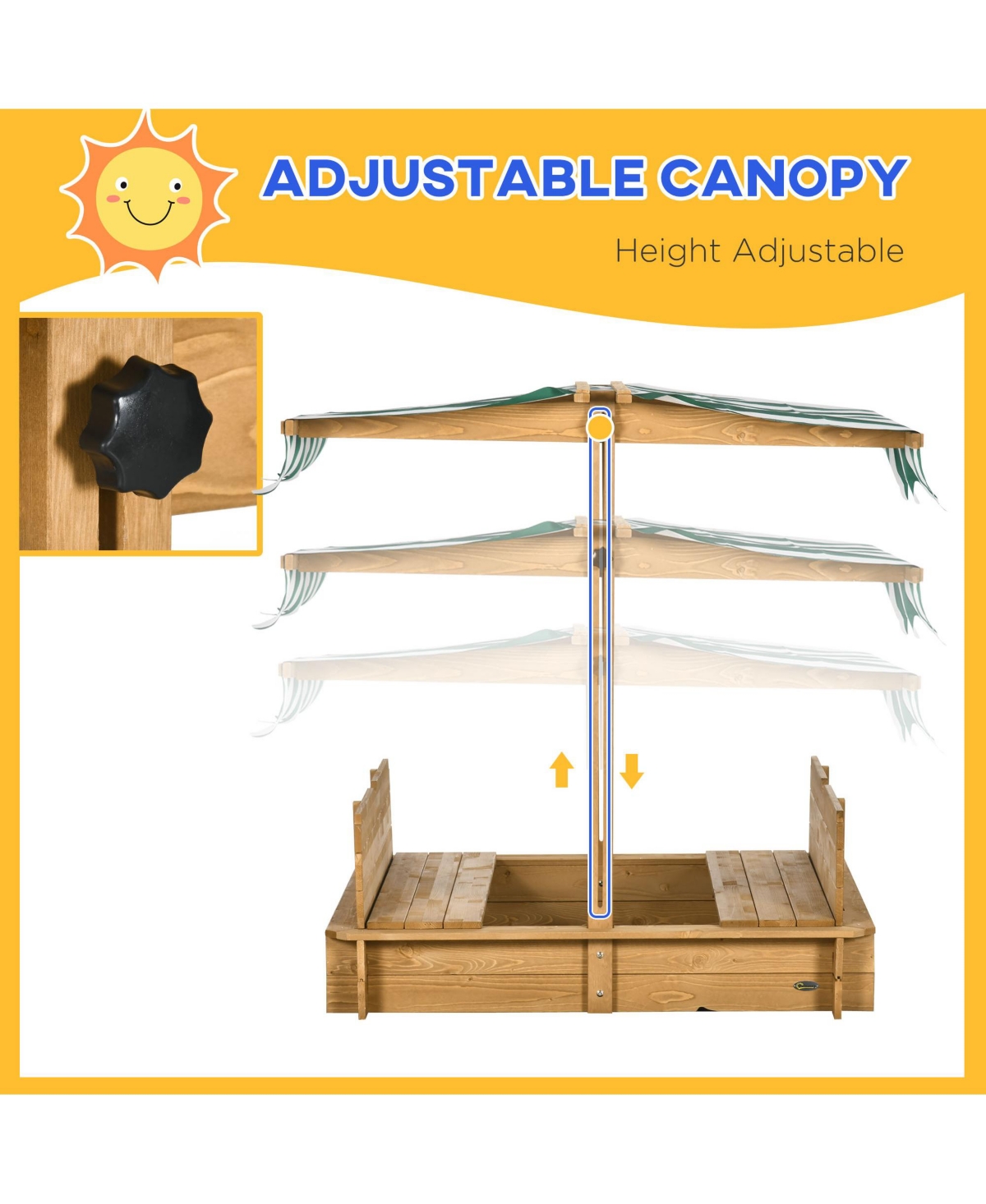 Streamdale Furniture Wooden Kids Sandbox with Cover, Children Outdoor Sand Box with Foldable Bench Seats, Adjustable Canopy, Bottom Liner for Outdoor,