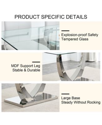 Table and chair set.Contemporary, minimalist rectangular dining table featuring a clear tempered glass top and sleek silver legs. Paired with chairs made of PU material cushion and silver metal legs.