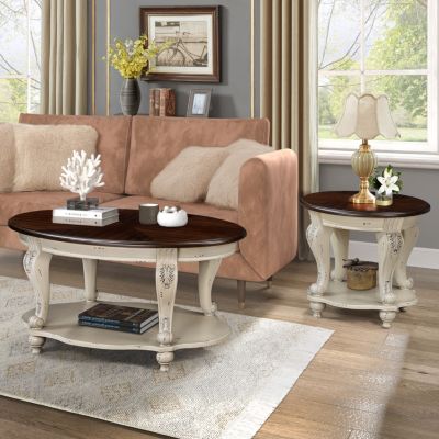 Oval Wood Coffee Table with Open Storage Shelf