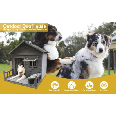 Streamdale Spacious Solid Wood Dog House with Terrace & Bowl