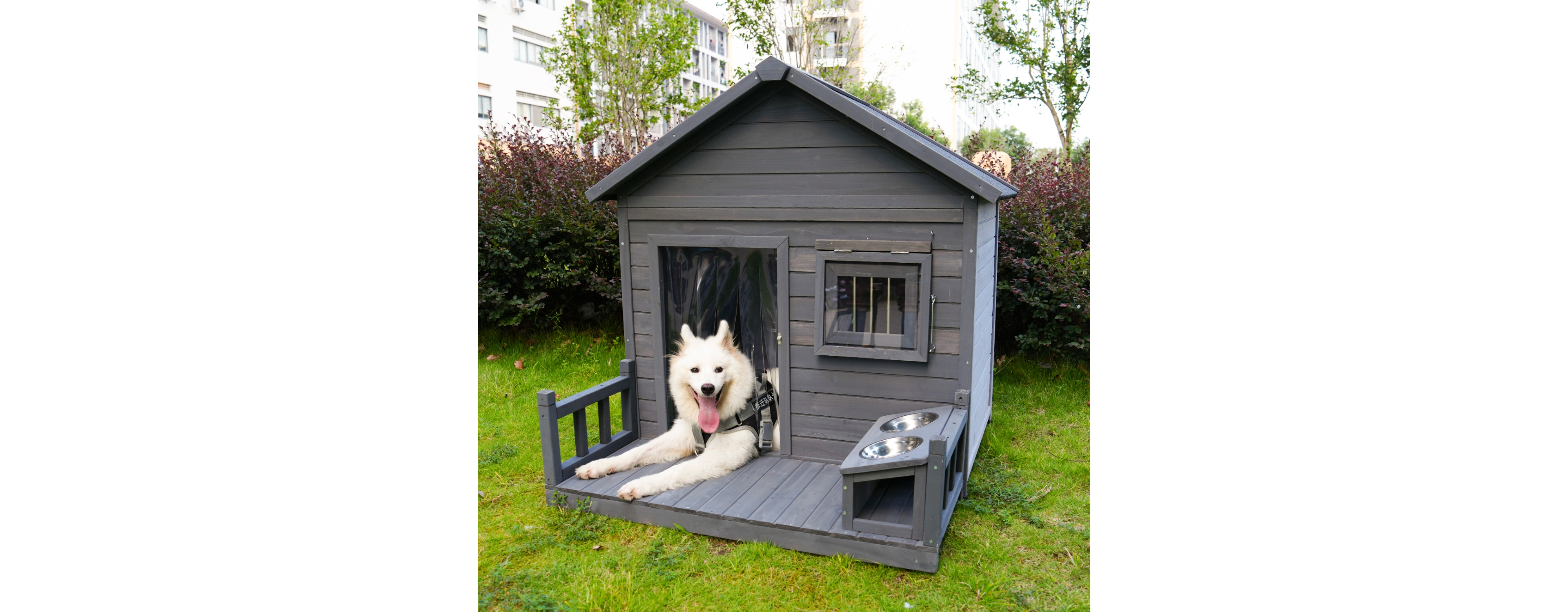 Streamdale Spacious Solid Wood Dog House with Terrace & Bowl