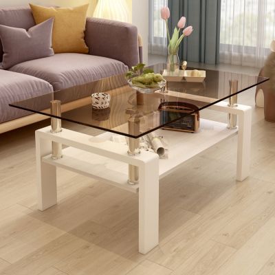 Streamdale Coffee Table – 1 Pc, Tempered Glass & MDF, Metal Legs, 2-Tier Modern Design, Smooth Edges, Living Room Furniture