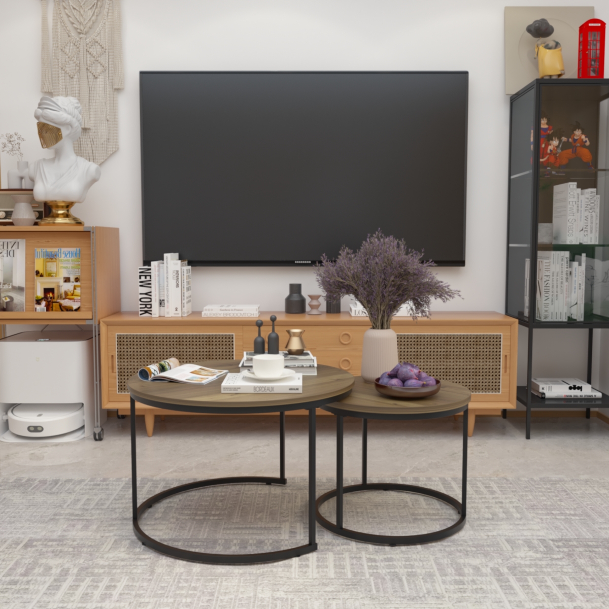 Streamdale Furniture Nesting Coffee Table Set of 2, 27.6inch Round Coffee Table Industrial Wood Finish with Sturdy Metal Frame, End Table Side Tables