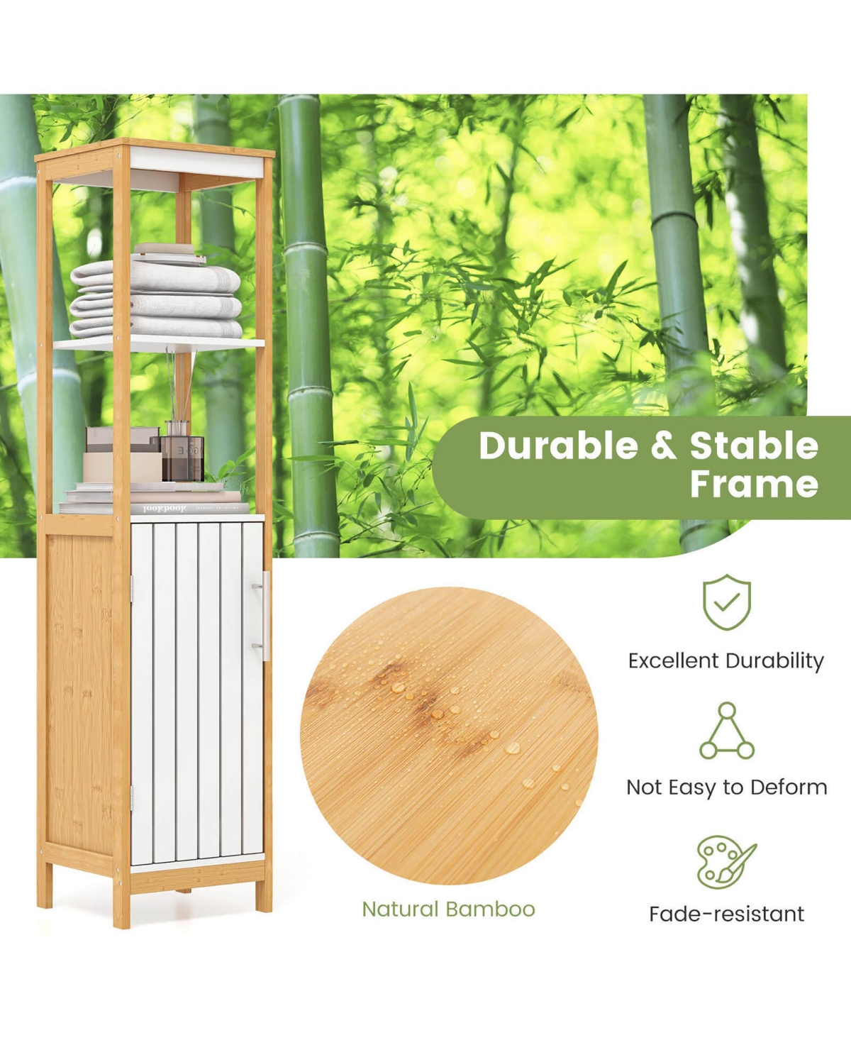 Gymax Tall Bathroom Floor Cabinet Bamboo Bathroom Storage w/Adjustable Shelf &Cupboard - White + natural