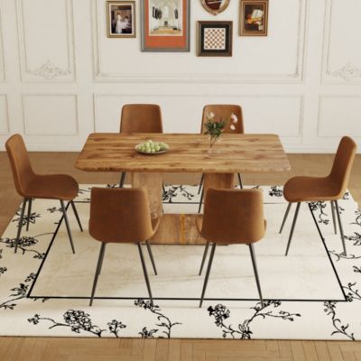 Table and chair set. Modern dining table with MDF top and beautiful MDF legs. Comes with brown comfortable chair with seat and metal legs. Suitable for a wide range of decorative styles.