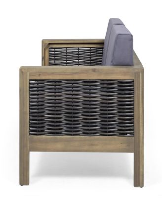 Outdoor Acacia Wood And Wicker Loveseat And Coffee Table Set With Cushions, Gray + Mixed Gray + Dark Gray