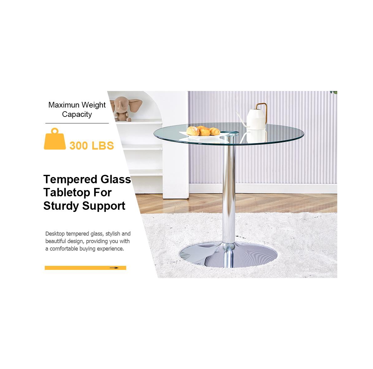 Streamdale Furniture A glass tabletop with a diameter of 35 inches and a modern minimalist circular dining table with electroplated silver metal legs
