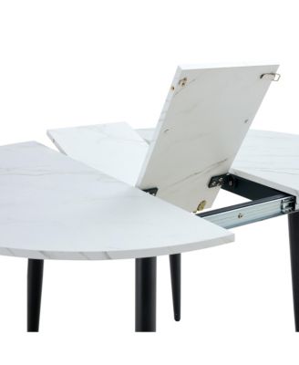 Table and chair set.Modern Extendable MDF Dining Table.The table has a telescopic design, suitable for gatherings of different size.Paired with 6 chairs with PU cushions and black metal legs.