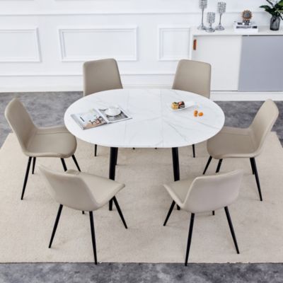Table and chair set.Modern Extendable MDF Dining Table.The table has a telescopic design, suitable for gatherings of different size.Paired with 6 chairs with PU cushions and black metal legs.