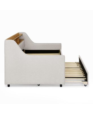 Twin Size Upholstery Sofa Bed with Three LED lights, with Storage Adjustable Headboard, with Foldable Leg Pull up Trundle Bed and Wireless Charging, Linen Padded Sofa Bed frame, Beige