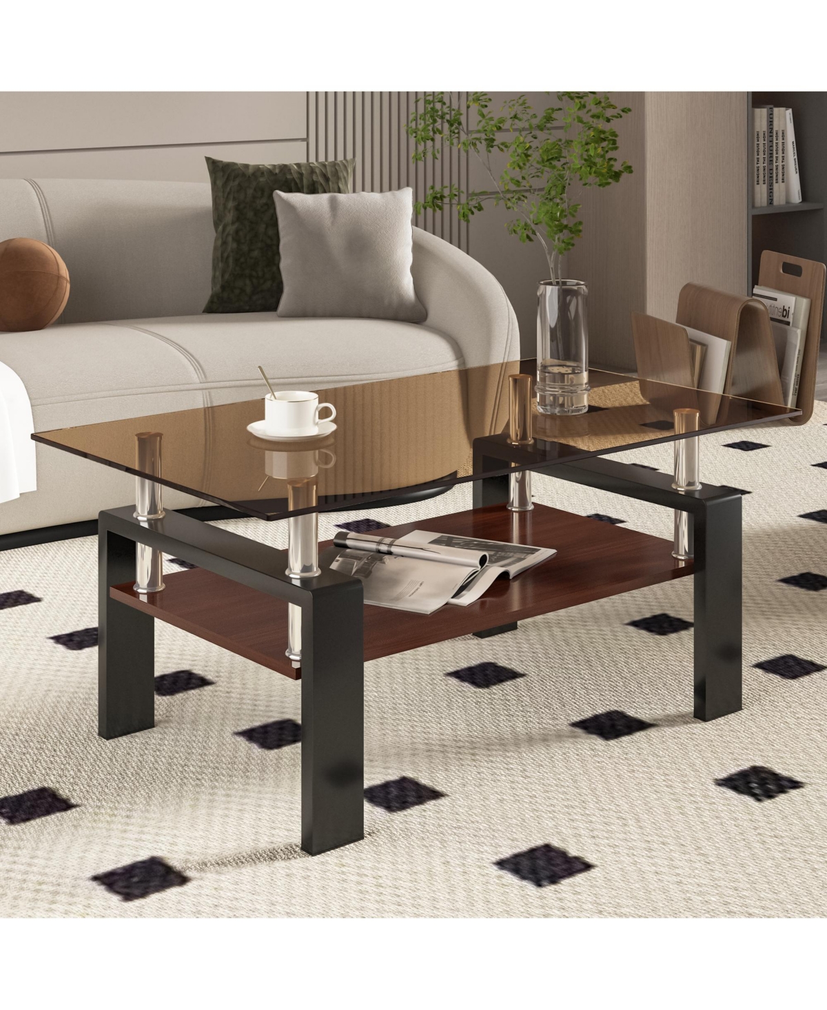 Streamdale Furniture Rectangle Coffee Table, Tempered Glass Tabletop with Mdf Layer, Modern Table for Living Room, Brown Glass