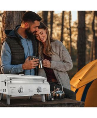 Bakken- Swiss Portable Stainless Steel Gas Grill - 2 Burners Easy Clean Tabletop BBQ Propane Gas Grill with Foldable Legs and Wind Proof Lid for Camping and Outdoor - Silver