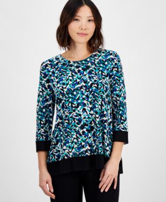 AK Anne Klein - Petite 3/4-Sleeve Solid-Trim Printed Tunic