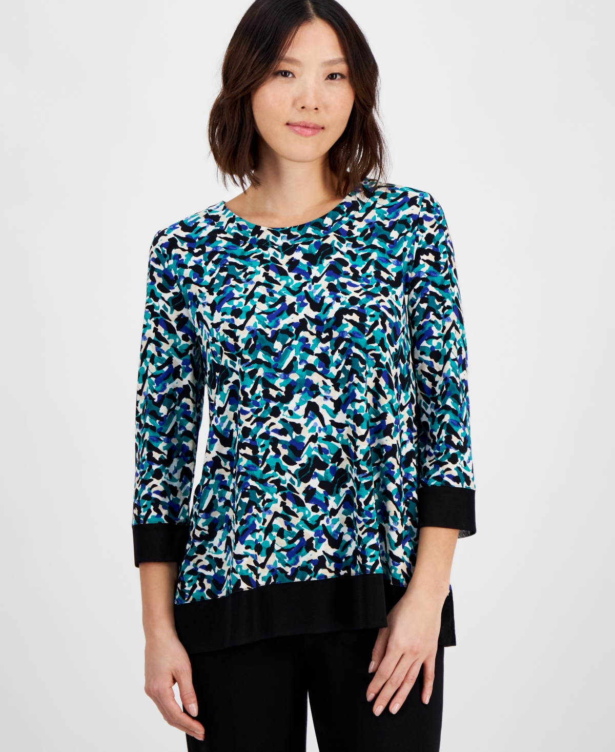 AK ANNE KLEIN PETITE 3/4-SLEEVE SOLID-TRIM PRINTED TUNIC 