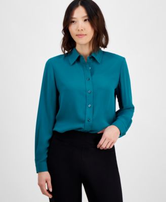 AK Anne Klein - Petite Long-Sleeve Button-Front Utility Blouse