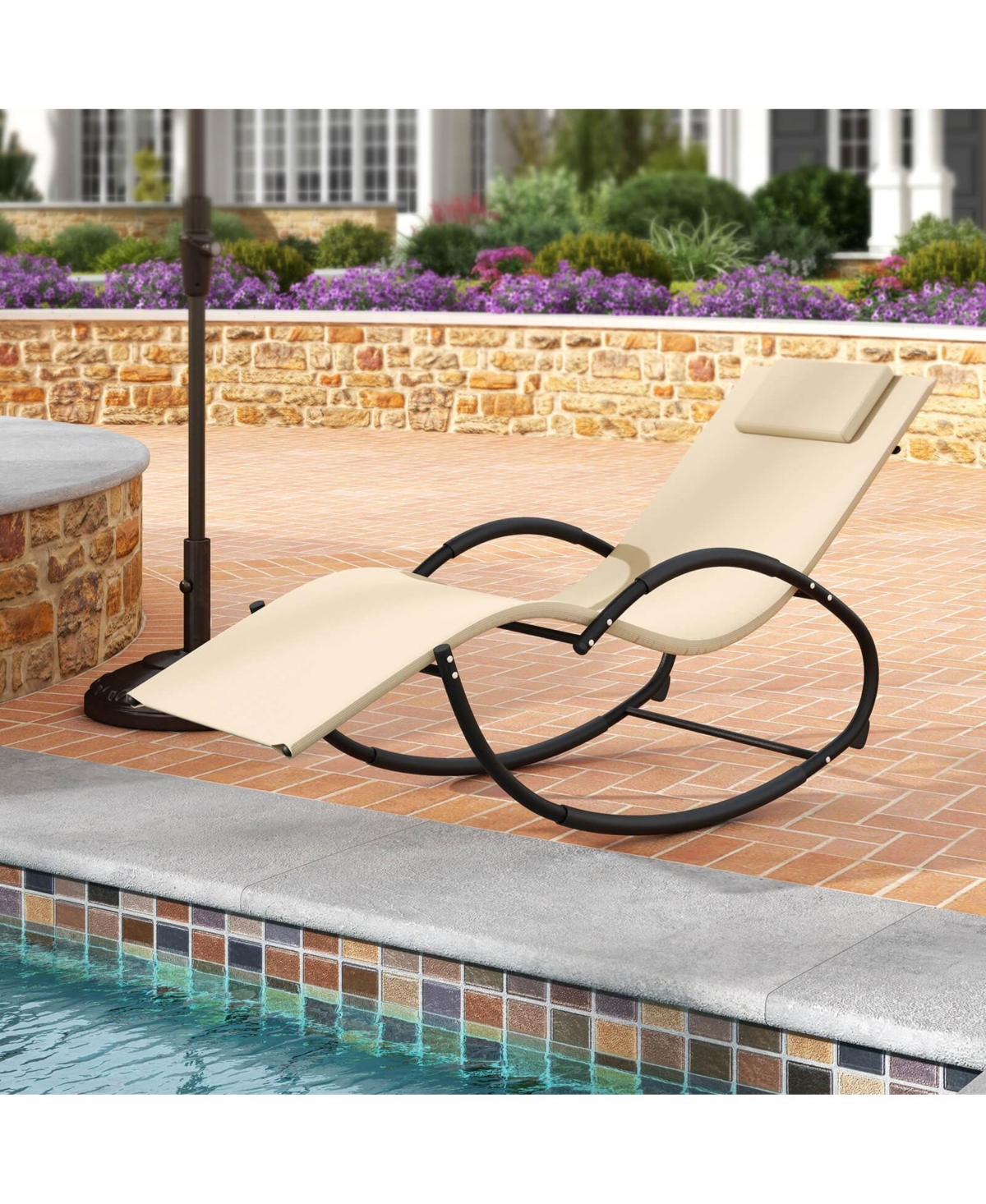 Pcs Outdoor Rocking Lounge Chair with Removable Headrest Breathable Backrest & Seat